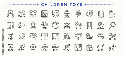 Children Toys icon set. Game icon pack. Modern thin line style icons. Contain linear sign ball, toy, play, game, baby and more. Signs for web and mobile app.