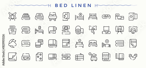 Bed Linen modern icon set. Contains such symbols as pillow, hotel, mattress, textile and more. Mattress icon set. Outline icons in linear style. Editable stroke.