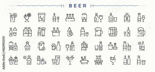 Beer icon set. Contains such symbols as brew, drink, bar, alcohol, brewery and more. Pub icon pack. Thin linear style icons. Editable vector.