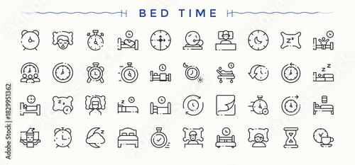Bed Time icon collection. Contains such symbols as relaxation, nap, rest, bedtime, comfortable, bedroom, sleeping pill and more. Icons for application. Vector collections. Dream icon set.