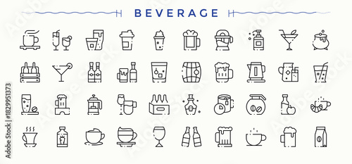 Beverage icon set. Containing soda, drink, drinks, soft drinks, cocktail, champagne, juice and more. Minimalist vector collections. Pixel perfect. Editable vector. Drink icon.