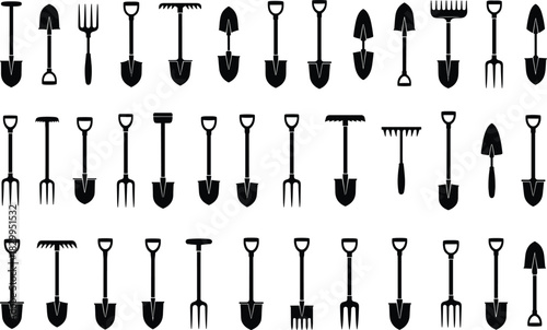 Large Black Silhouette Collection of Gardening Tools Shovels, Spades, Pitchforks, and Rakes, Representing Agriculture, Farming, and Home Work Equipment