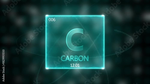 Carbon as Element 6 of the Periodic Table. Seamlessly looping 3D animation on blue illuminated atom design background with orbiting electrons. Design shows name, atomic weight and element number