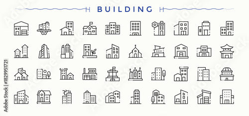 Building icon collection. Thin icons set. Home icon set. Related to real estate, villa, museum, shop, town, residential and more.