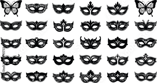 Large Collection of Black Silhouette Carnival and Masquerade Masks with Butterflies, Featuring Ornate Designs for Venetian Party, Mystery, and Costume Themes