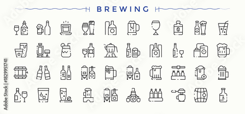 Brewing icon set. Icons for website. Contains such symbols as drink, bar, hop, malt. Vector artwork and illustration. Brew line icon set.