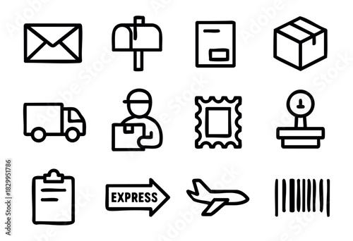 Postal Service & Delivery doodle icons — mail, shipping, and logistics symbols — stock vector.