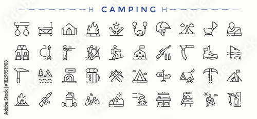 Camping modern icon set. Outline icons pack. Contain linear sign forest, tour, tent, travel, hiking. Editable stroke. Vector collection. Travel line icon set.