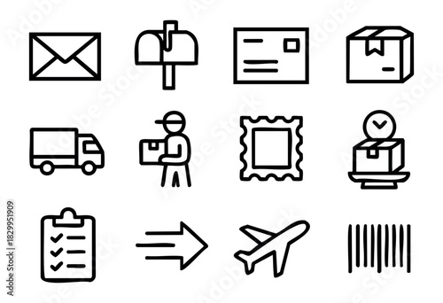 Postal Service & Delivery doodle icons — mail, shipping, and logistics symbols — stock vector.