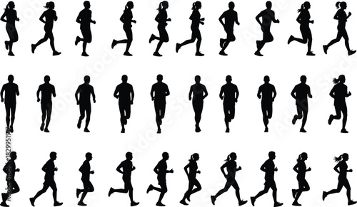 Large Set of Running and Jogging Silhouettes Featuring Men and Women in Various Fitness Poses, Representing Marathon, Exercise, Sport, and Healthy Lifestyle
