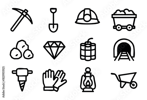 Mining line icons — coal mining tools, mineral extraction equipment, and quarry symbols — stock vector.