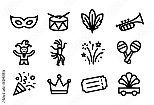 Carnival & Festival line icons — parade, party, and celebration symbols — stock vector.