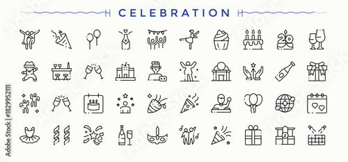 Celebration icon pack. Minimalist editable vector stroke. Party modern icon set. Includes symbols for decoration, entertainment, anniversary, firework, party, happy, festival and more.