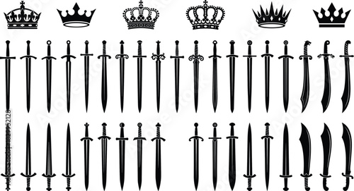 Black Silhouette Collection of Royal Crowns and Medieval Swords, Featuring Various Styles of Blades and Ornate Imperial Headwear for History and Fantasy Designs