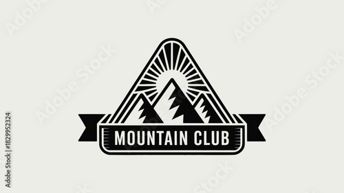 A black and white mountain club logo with sun rays and a banner with the words mountain club on it