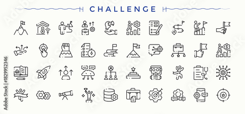 Challenge icon. Perfect for logos and infographic. Editable stroke. Vector collection. Exam icon set in linear style. Includes thin line symbols performance, target, achievement, strategy and more.