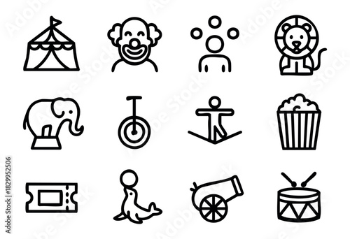Circus & Carnival line icons — big top show, performers, and funfair entertainment symbols — stock vector.