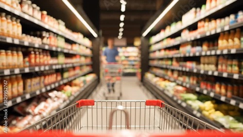 Wallpaper Mural View from behind a shopping cart as it glides down a supermarket aisle. The shelves stocked with groceries and products can be seen in the background, slightly out of focus Torontodigital.ca