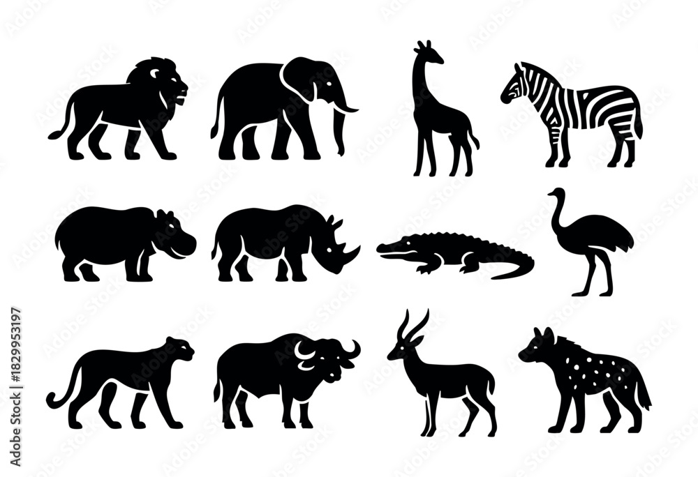 Obraz premium African Animals Silhouette icon set — various safari and savanna wildlife silhouettes — stock vector.