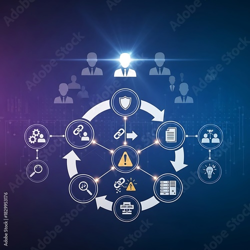 Digital transformation and business process automation workflow with interconnected icons and human figures on a futuristic background