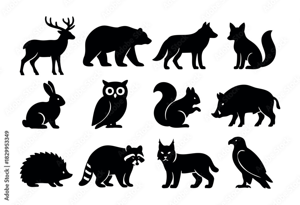 Obraz premium Forest Animals Silhouette icon set — various woodland and European wildlife silhouettes — stock vector.