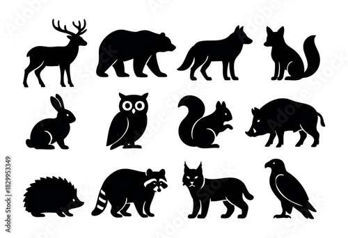 Forest Animals Silhouette icon set — various woodland and European wildlife silhouettes — stock vector.