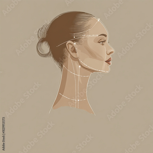 Elegant profile illustration showing facial and neck mapping lines used in cosmetic treatments, symmetry analysis, and beauty procedure planning.. Vector illustration