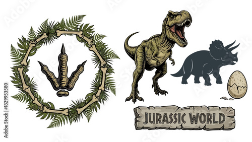 Prehistoric dinosaur vector elements with fern wreath, T-Rex, Triceratops, and fossils for kids design