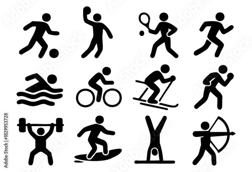Sports Pictograms icon set — silhouettes of figures participating in various athletic activities — stock vector.