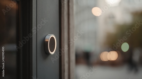 Fototapeta Naklejka Na Ścianę i Meble -  Close-up of a door handle on a black door. the handle is round and silver in color and appears to be made of metal. it is attached to the door with screws.