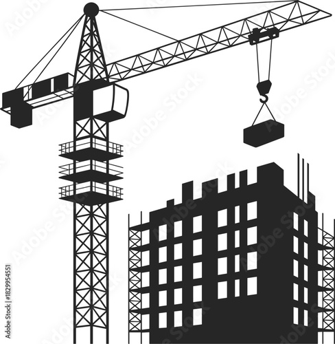 Tower crane lifting heavy load, construction site silhouette, building under construction, industrial machinery, steel framework, construction equipment, high-rise building project