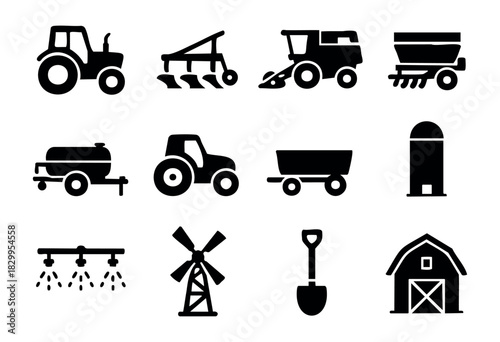 Farming Machinery icon set — various agricultural vehicles and equipment silhouettes — stock vector.