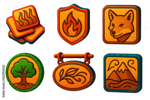 Set of six wooden symbols, including a tree, a mountain, a fox, a fire, a leaf