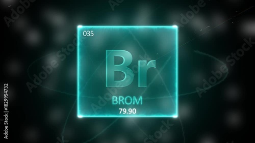 Bromine as Element 35 of the Periodic Table. Seamlessly looping 3D animation on blue illuminated atom design background orbiting electrons name, atomic weight element number in German language