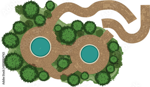Top view of a beautifully designed garden path with circular ponds, surrounded by lush greenery and a winding stone walkway, offering a serene natural landscape