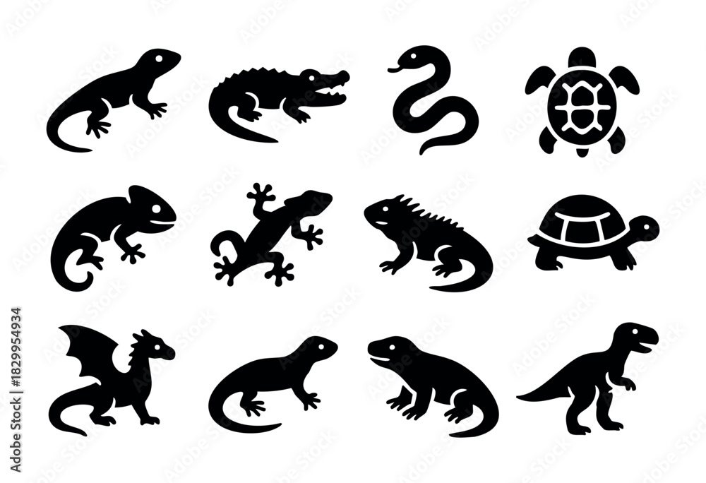 Obraz premium Reptiles & Amphibians silhouette icon set — various lizards, snakes, and other herpetology creatures — stock vector.