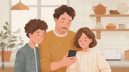 Family of three in a kitchen. the father is standing in the center, holding a black smartphone and looking at it intently. he is wearing a yellow sweater and has a beard.