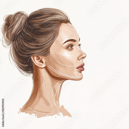 A stylish illustration of a woman's profile featuring subtle dashed lines indicating facial contours, lifting points, or areas for skincare treatment. Vector illustration