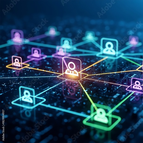 Abstract digital network connecting glowing user icons with colorful lines representing data flow and connections
