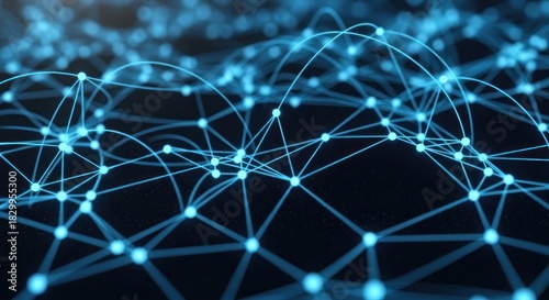 Abstract network connection with glowing dots and lines on a dark background.