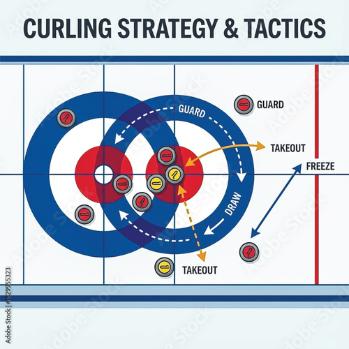 Clean sports diagram explaining curling strategy with guards, draws, takeouts and freeze paths, showing stone positions and tactical arrows. Vector illustration