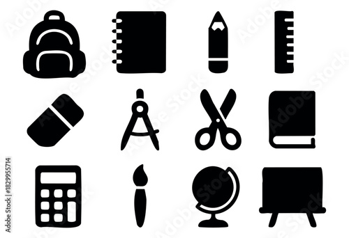 School Supplies icon set — a collection of solid icons for education, classroom, and learning materials — stock vector.