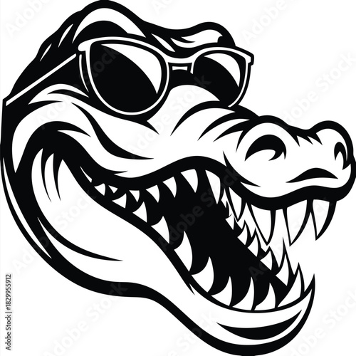 head of cartoon alligator wearing sunglasses is showing its sharp teeth,