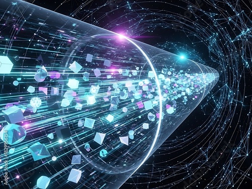 Abstract digital data stream tunnel with glowing blue and purple cubes