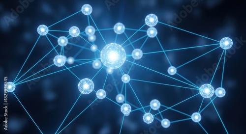 Abstract Network Connection with Glowing Nodes and Lines on Dark Background.