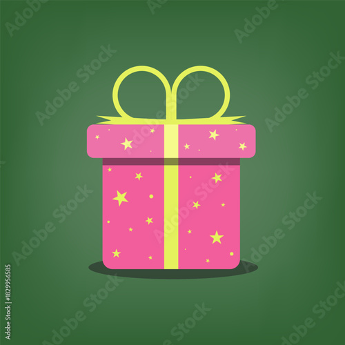 Vector illustration A vibrant pink gift box decorated with glowing stars and a bright yellow ribbon sits against a plain background, perfect for celebrations and joyful events.