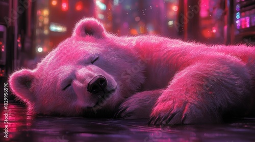 A charming pink bear peacefully sleeps amidst a vibrant cityscape illuminated by dazzling neon lights, creating a surreal and tranquil scene.