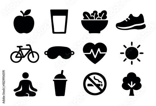 Healthy Lifestyle icon set — solid icons for wellness, fitness, and balanced living — stock vector.