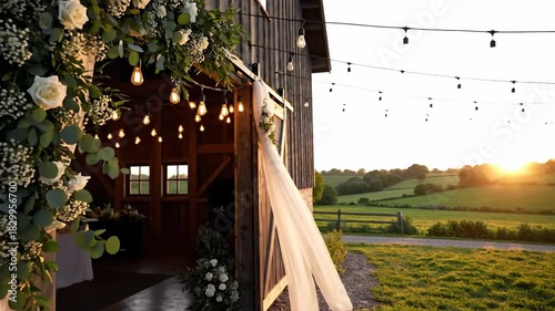 Rustic barn entrance decorated with flowers and lights at sunset