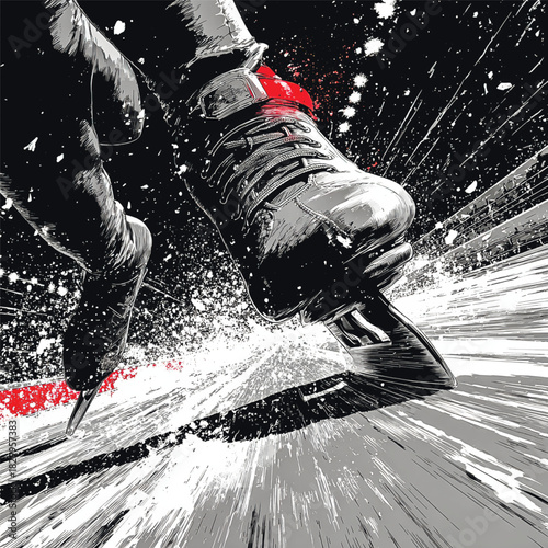 High-energy illustration capturing a dramatic close-up of an ice skate slicing across the rink with snow spray, speed streaks and bold contrast. Vector illustration